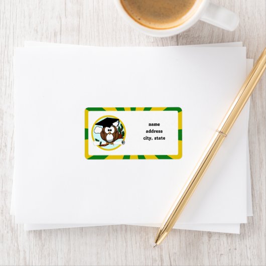 Afstuderen Uil w / Groene & Gouden School Kleuren Etiket (Insitu)