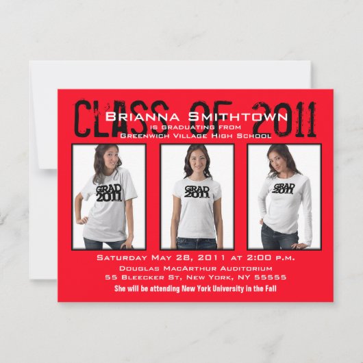 Afstuderen Uitnodiging 3 Foto's rood A1 toevoegen (Voorkant)