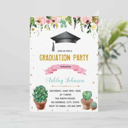 Afstuderen-uitnodiging cactus kaart (Staand voorkant)