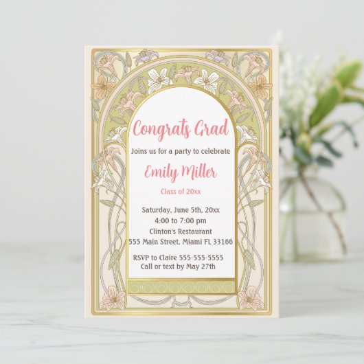 Afstuderen Uitnodiging Floral Retro Vintage (Staand voorkant)