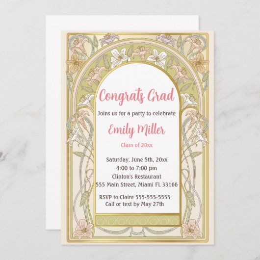 Afstuderen Uitnodiging Floral Retro Vintage (Voorkant / Achterkant)