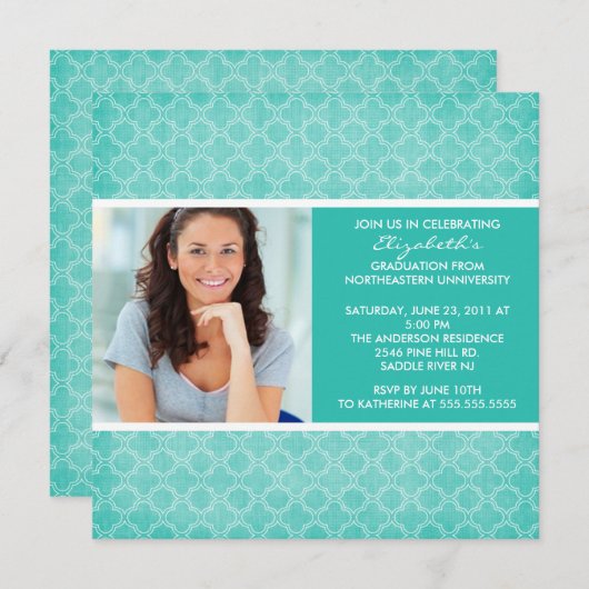 Afstuderen Uitnodiging Foto Turkquoise Pattern (Voorkant / Achterkant)