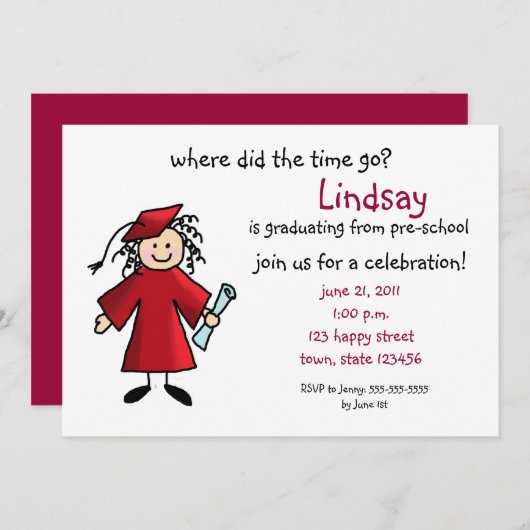 Afstuderen uitnodiging—Meisje, rood Kaart (Voorkant / Achterkant)