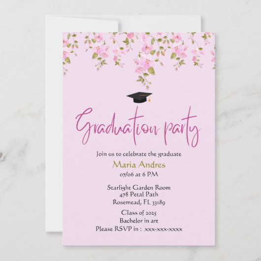 afstuderen uitnodiging met een roze bloemengroen (Voorkant)