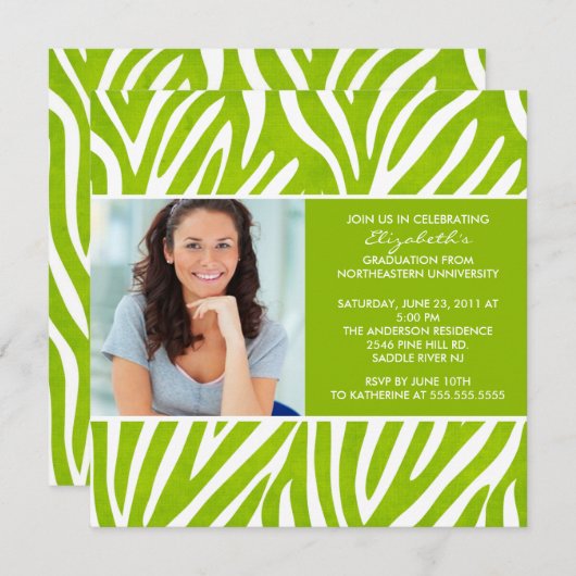 Afstuderen Uitnodiging met Foto Lime Green Zebra (Voorkant / Achterkant)