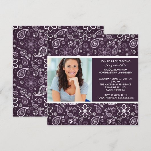 Afstuderen Uitnodiging met Foto Paars Paisley (Voorkant / Achterkant)