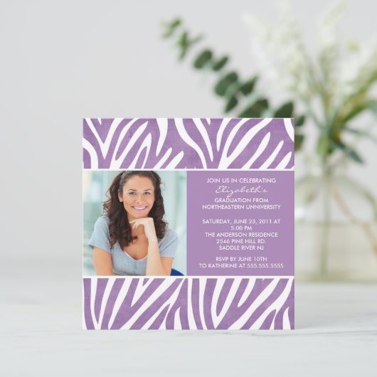 Afstuderen Uitnodiging met Foto Paars Zebra (Staand voorkant)