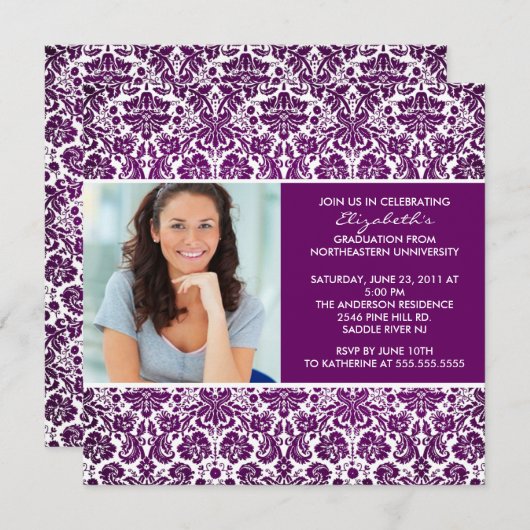Afstuderen Uitnodiging met Foto Paarse Damask (Voorkant / Achterkant)