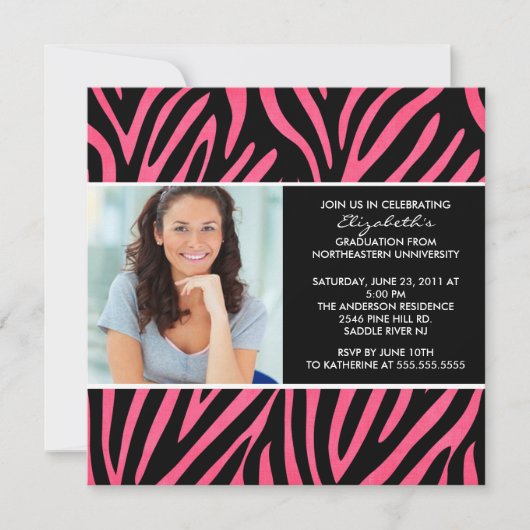 Afstuderen-uitnodiging met foto-roze Zebra-afdrukk Kaart (Voorkant)