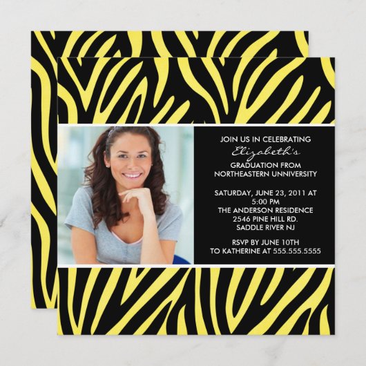 Afstuderen Uitnodiging met Fotogeel Zebra (Voorkant / Achterkant)