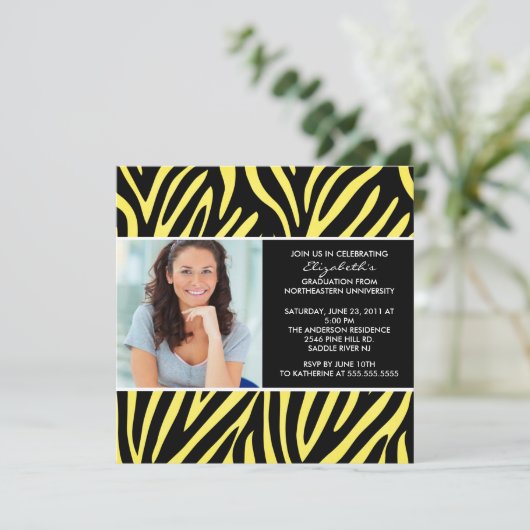 Afstuderen Uitnodiging met Fotogeel Zebra (Staand voorkant)
