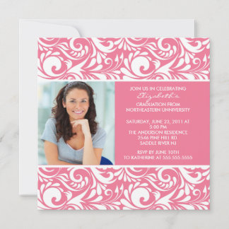 Afstuderen Uitnodiging met fotoroze Floral Swirl