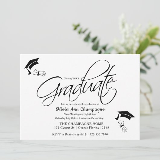 Afstuderen Uitnodiging met Pet en Diploma (Staand voorkant)