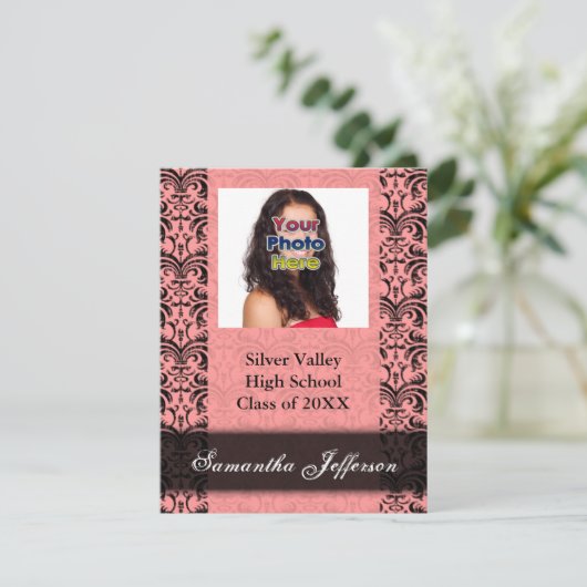 Afstuderen Uitnodiging, Roze en Zwarte Damask Kaart (Staand voorkant)