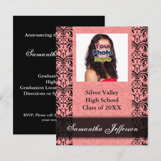 Afstuderen Uitnodiging, Roze en Zwarte Damask Kaart (Voorkant / Achterkant)