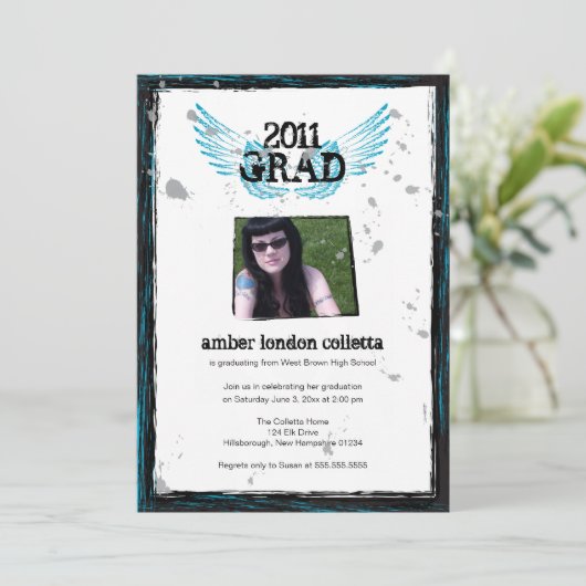 Afstuderen Uitnodiging voor Black and Blue Grunge  (Staand voorkant)