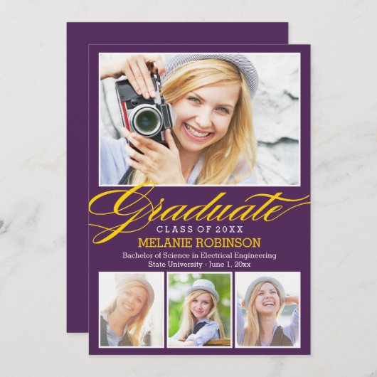 Afstuderen-uitnodiging voor Bright start - Paars Kaart (Voorkant / Achterkant)