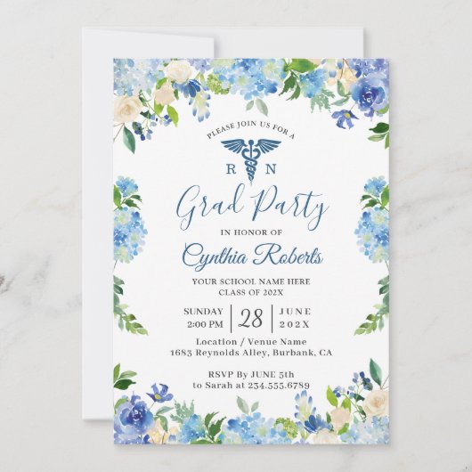 Afstuderen van de Blauwe Hydrangeas Floral Nursing Kaart (Voorkant)