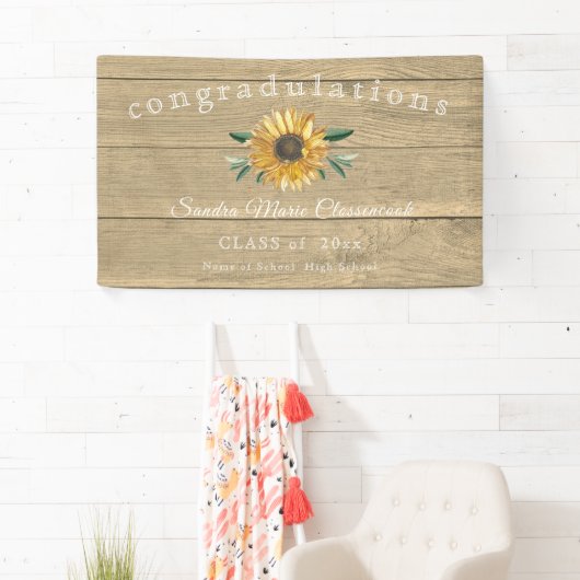 Afstuderen van de moderne zonnebloem Rustic Wood B Spandoek (Insitu)