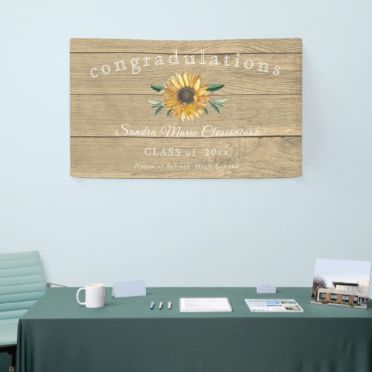 Afstuderen van de moderne zonnebloem Rustic Wood B Spandoek (Beurs)
