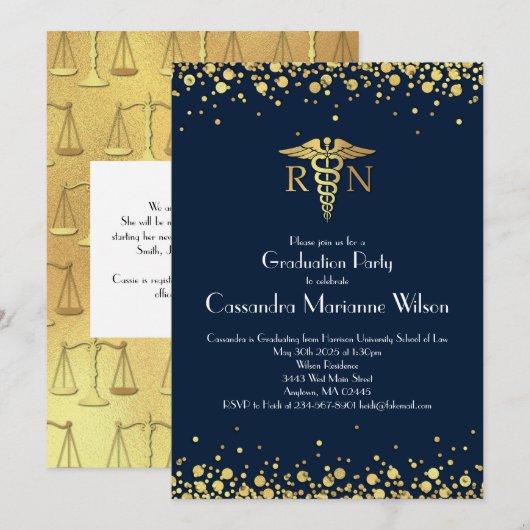 Afstuderen van de verpleegschool Navy Blue Gold Kaart (Voorkant / Achterkant)