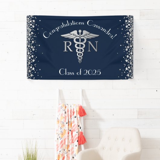 Afstuderen van de verpleegschool Navy Blue Silver Spandoek (Insitu)