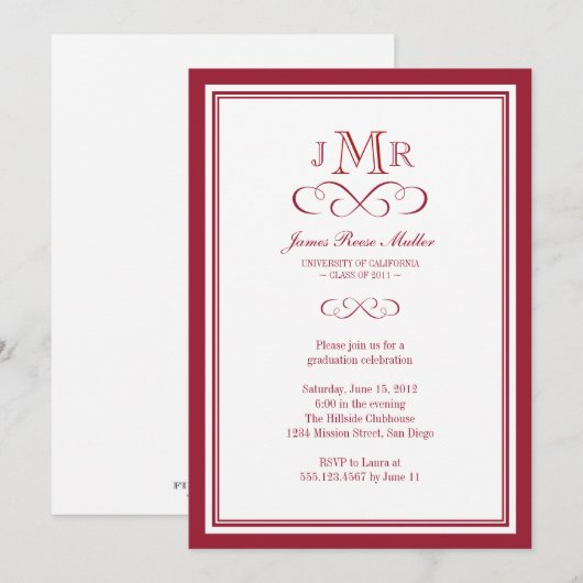 Afstuderen van het rode-grens-lijst-monogram kaart (Voorkant / Achterkant)