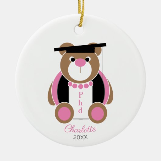 afstuderen van het vrouw met schattige teddybeer keramisch ornament (Voorkant)