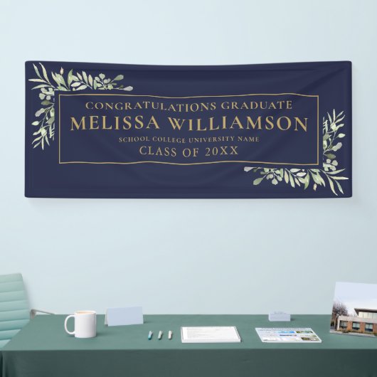 Afstuderen van Navy Blue en Gold Greenery Spandoek (Beurs)