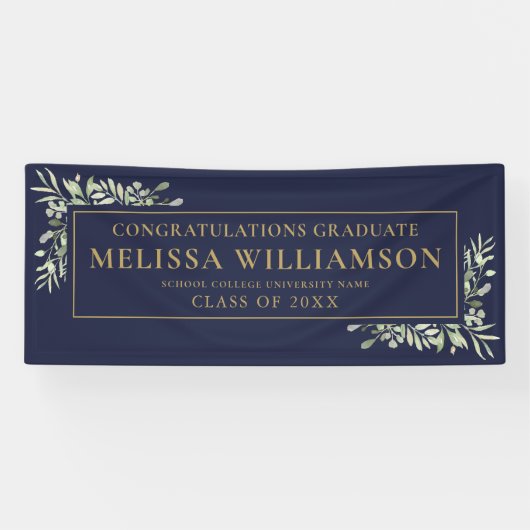 Afstuderen van Navy Blue en Gold Greenery Spandoek (Horizontaal)