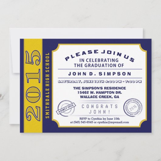 Afstuderen van Navy Blue & Gold Ticket Kaart (Voorkant)