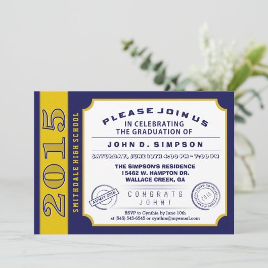 Afstuderen van Navy Blue & Gold Ticket Kaart (Staand voorkant)