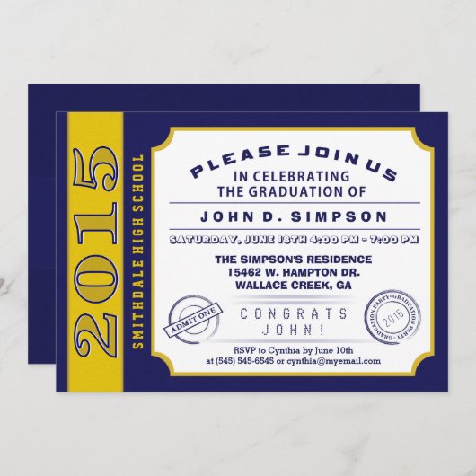 Afstuderen van Navy Blue & Gold Ticket Kaart (Voorkant / Achterkant)