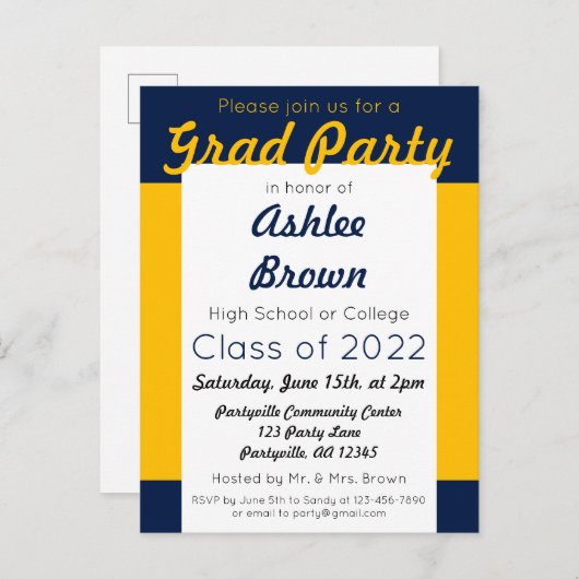 Afstuderen van Navy Gold Bold Afstudeerder Party Uitnodiging Briefkaart (Voorkant / Achterkant)