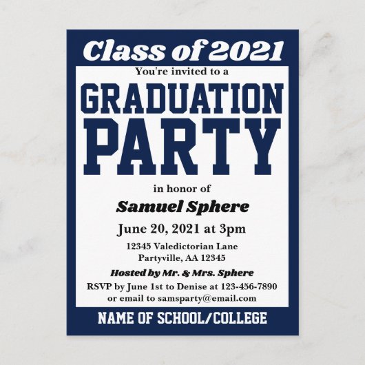 Afstuderen van Navy White School Colors Aankondigingskaart (Voorkant)