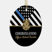 Afstuderen van politie blauwe lijnvlag gefelicitee keramisch ornament (Rechts)
