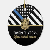Afstuderen van politie blauwe lijnvlag gefelicitee keramisch ornament (Links)