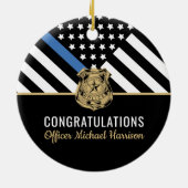 Afstuderen van politie blauwe lijnvlag gefelicitee keramisch ornament (Achterkant)