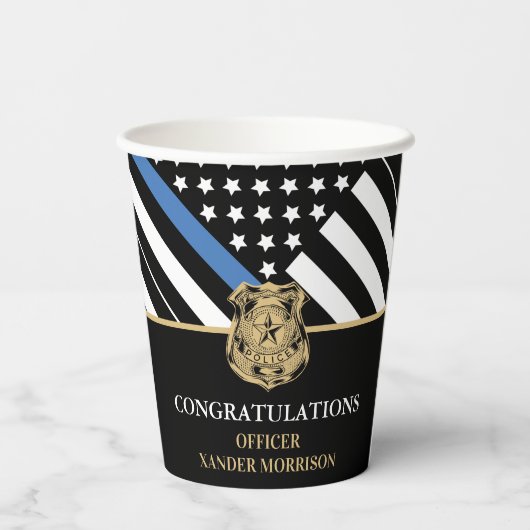 Afstuderen van politie blauwe lijnvlag gefelicitee papieren bekers (Achterkant)