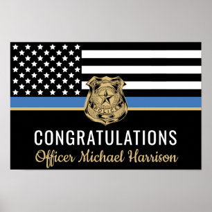 Afstuderen van politie blauwe lijnvlag gefelicitee poster