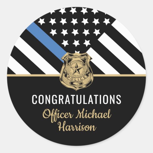 Afstuderen van politie blauwe lijnvlag gefelicitee ronde sticker (Voorkant)