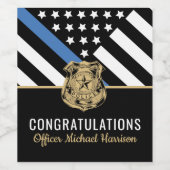 Afstuderen van politie blauwe lijnvlag gefelicitee wijn etiket (Enkel label)