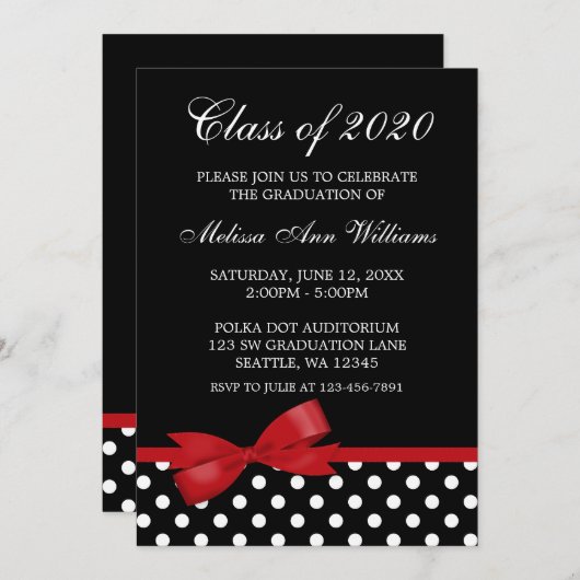 Afstuderen van Red Bow Polka Dots Kaart (Voorkant / Achterkant)