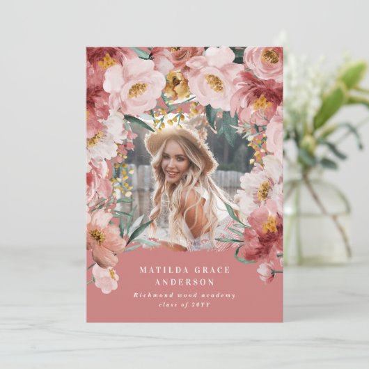 Afstuderen van roze girale foto's kaart (Staand voorkant)