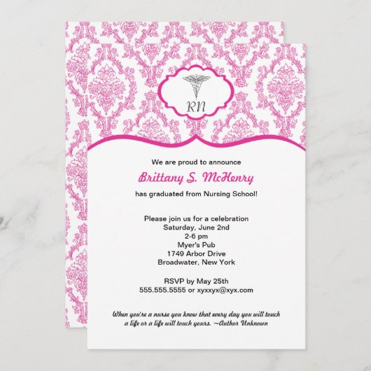 AFSTUDEREN van verpleegStudent BSN Damask Fuchsia Kaart (Voorkant / Achterkant)
