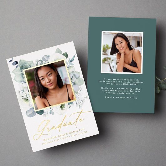 Afstuderen van White Floral Greenery Folie Uitnodiging