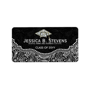 Afstuderen van zwart-wit, Floral, Paisley, Pet 2 Etiket