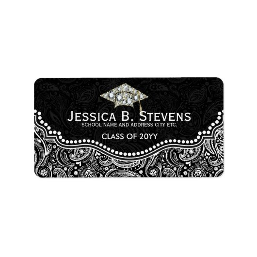 Afstuderen van zwart-wit, Floral, Paisley, Pet 2 Etiket (Voorkant)