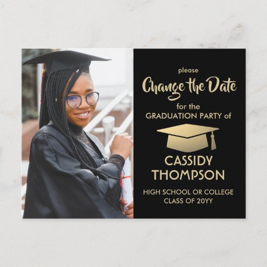 Afstuderen Verander de datum van de zwarte goudupd Aankondigingskaart (Voorkant)