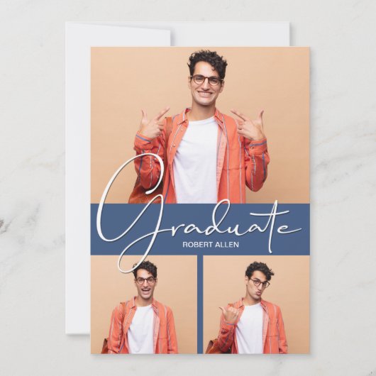 Afstuderen Verticaal 3 Foto Blauw Afstuderen Aankondiging (Voorkant)